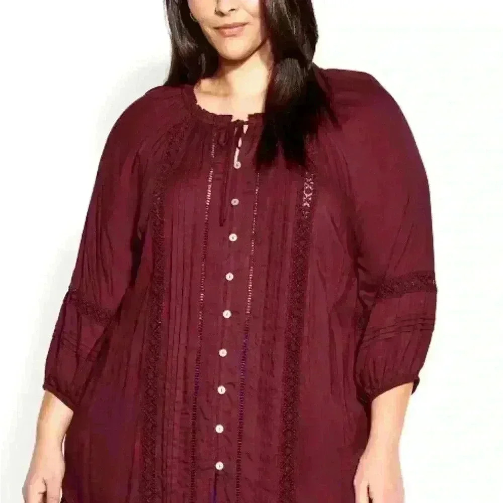 Avenue Liana Lace Blouse In Merlot Size 16